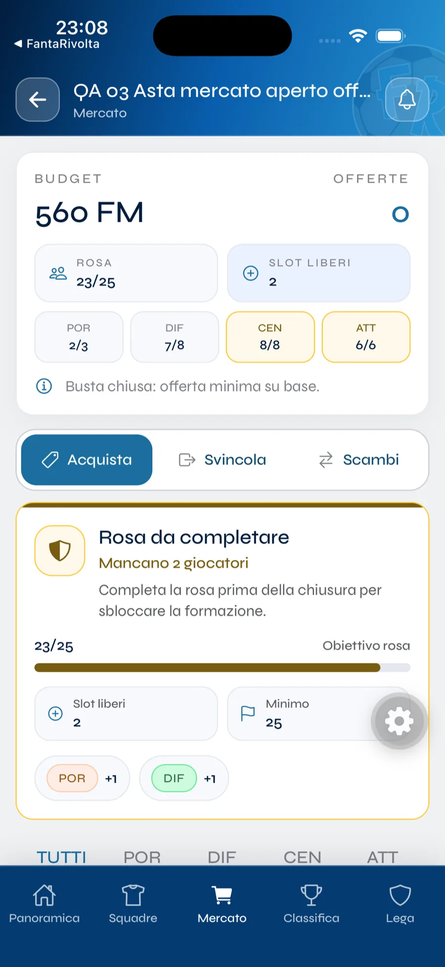 Schermata mercato con offerte e listone